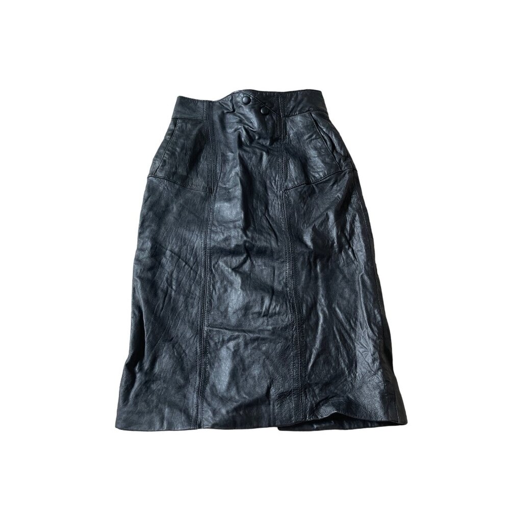 Pelle Studio Vintage Black Leather Midi Skirt High Waisted Pencil Size 8